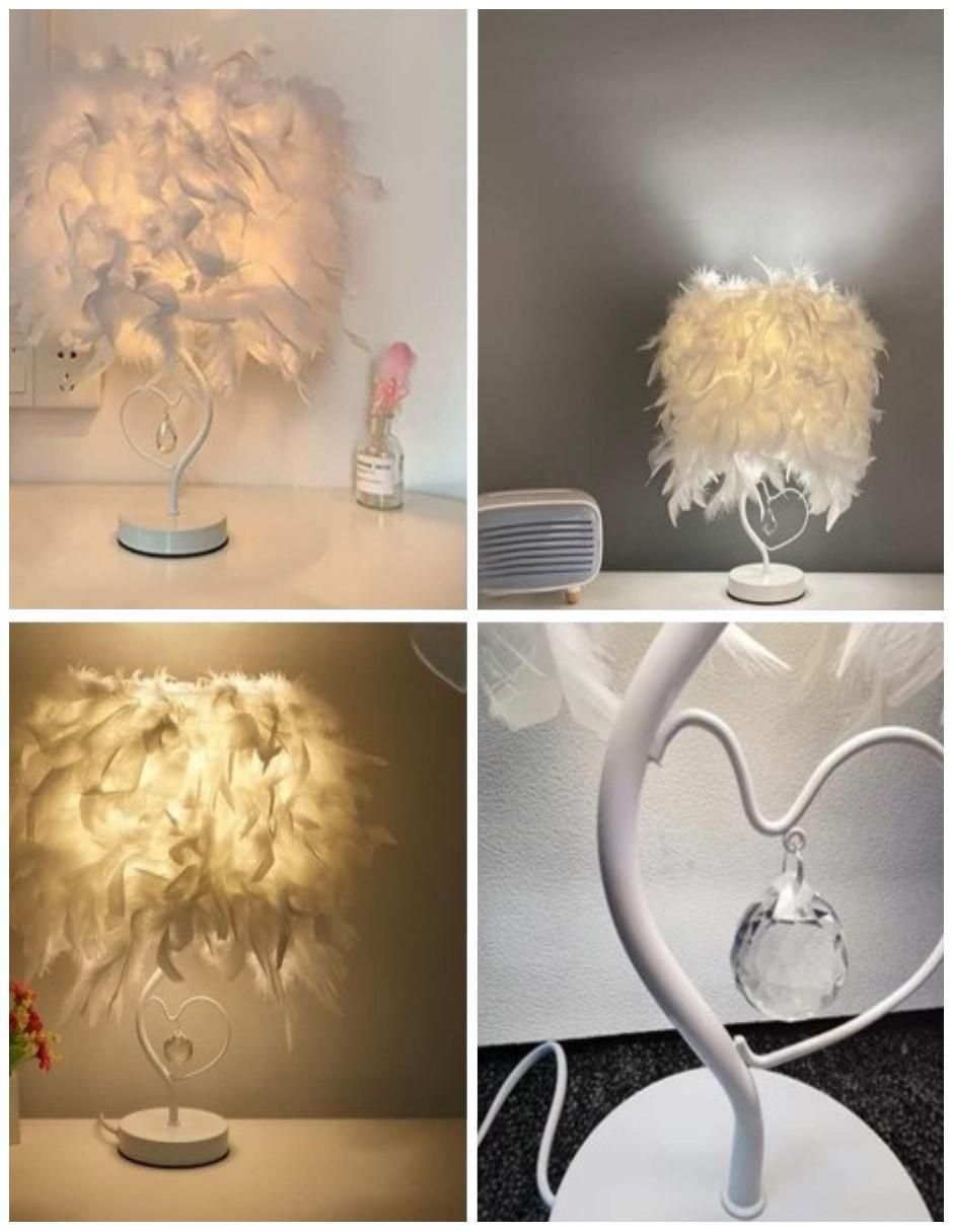 Lampara mesa led de plumas con corazón y estructura blanca 2