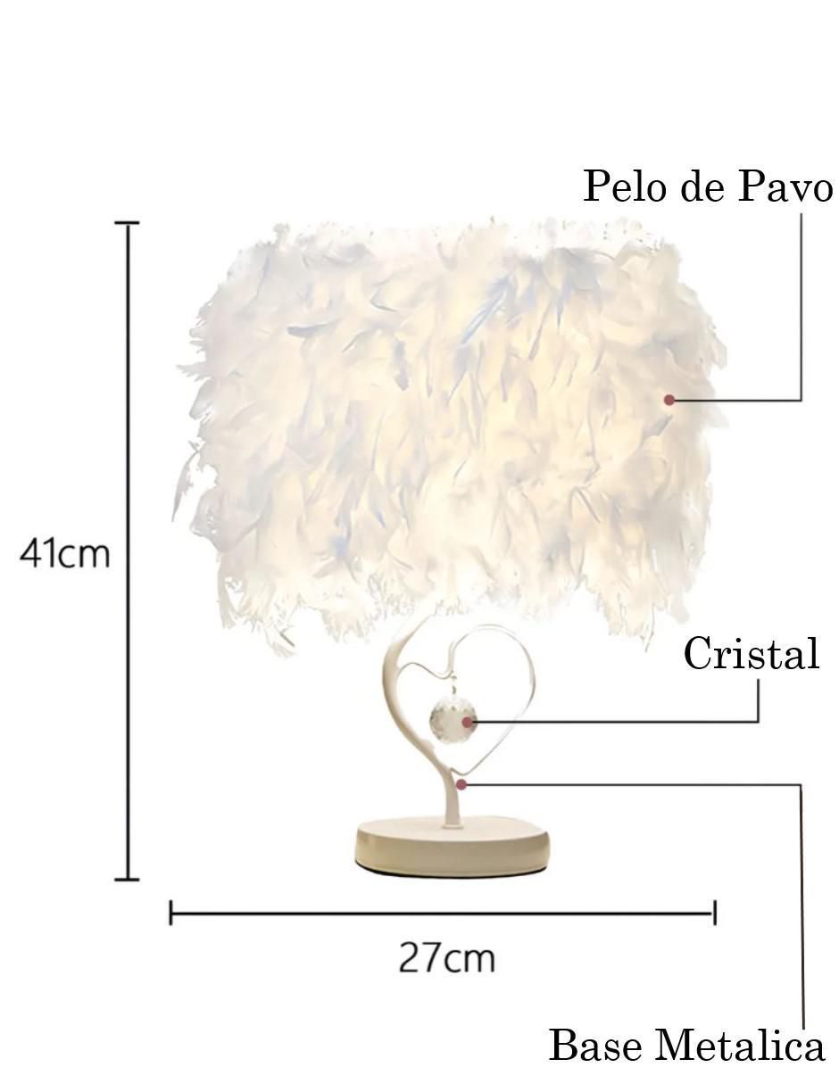 Lampara mesa led de plumas con corazón y estructura blanca 6