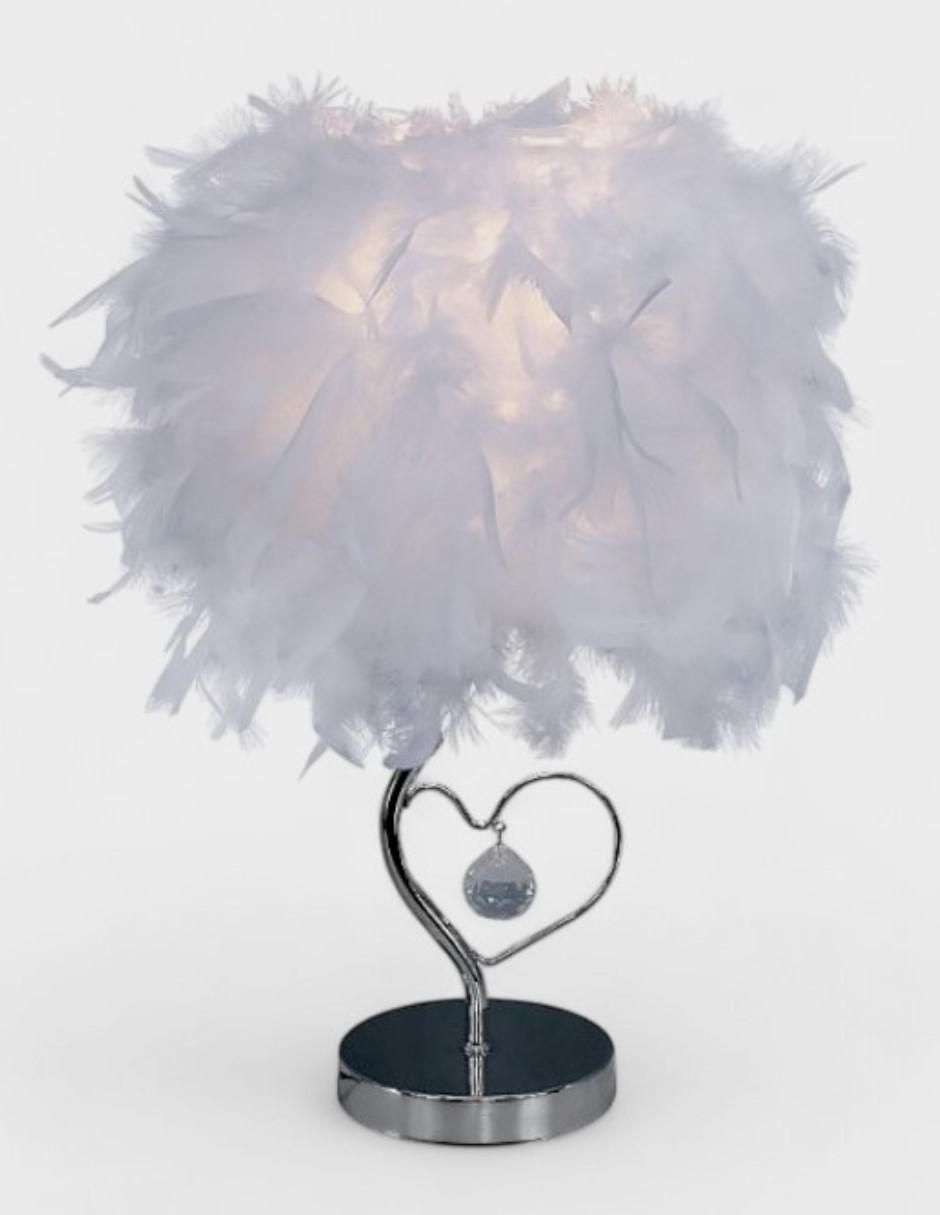 Lampara mesa led con plumas y base cromada con corazón